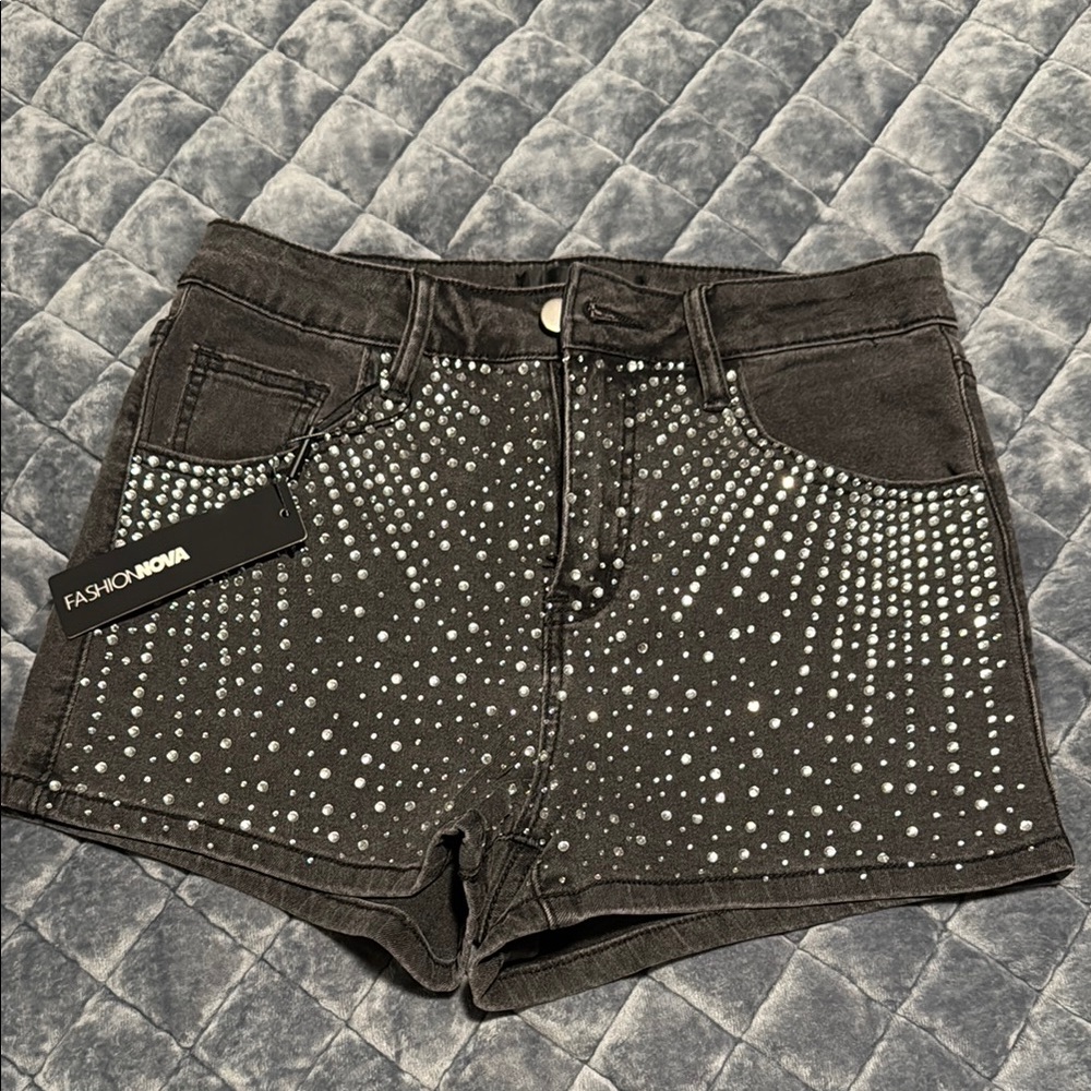 Fashion Nova Black Jean Shorts with Studded Glam